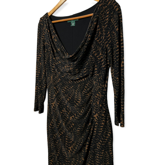 Lauren Ralph Lauren Women's Black & Brown Print Cowl Neck Ruched Side Dress Sz 8 - Picture 4 of 11
